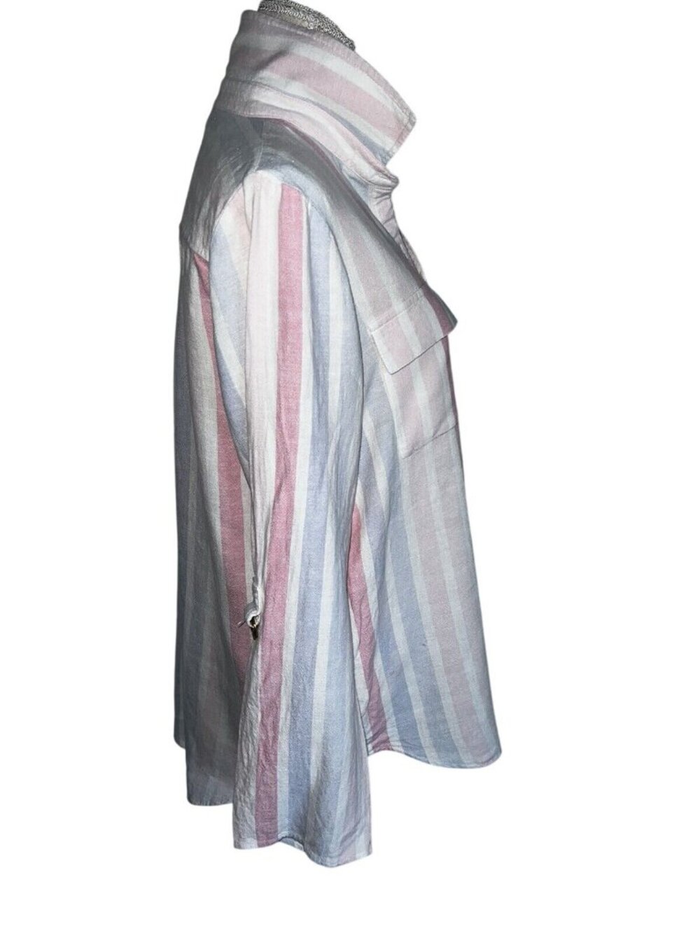 Ellen Tracy Striped Button-Front Shirt w/Roll-Tab Sleeves Womens L Pink/Blue - Picture 2 of 9